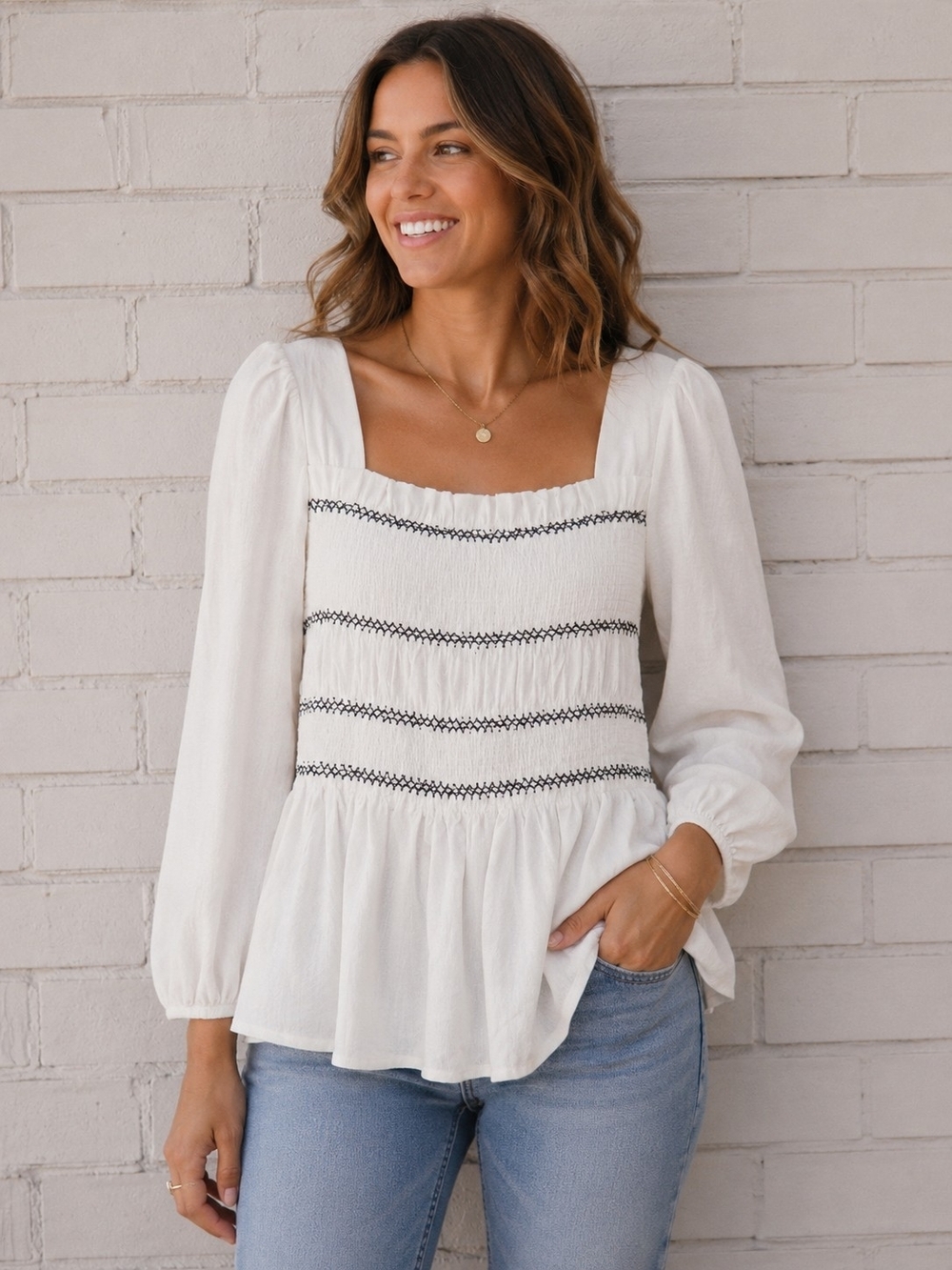 Allegra K White Square-Neck Smocked Peplum Blouse with Black Stitching SM NWT